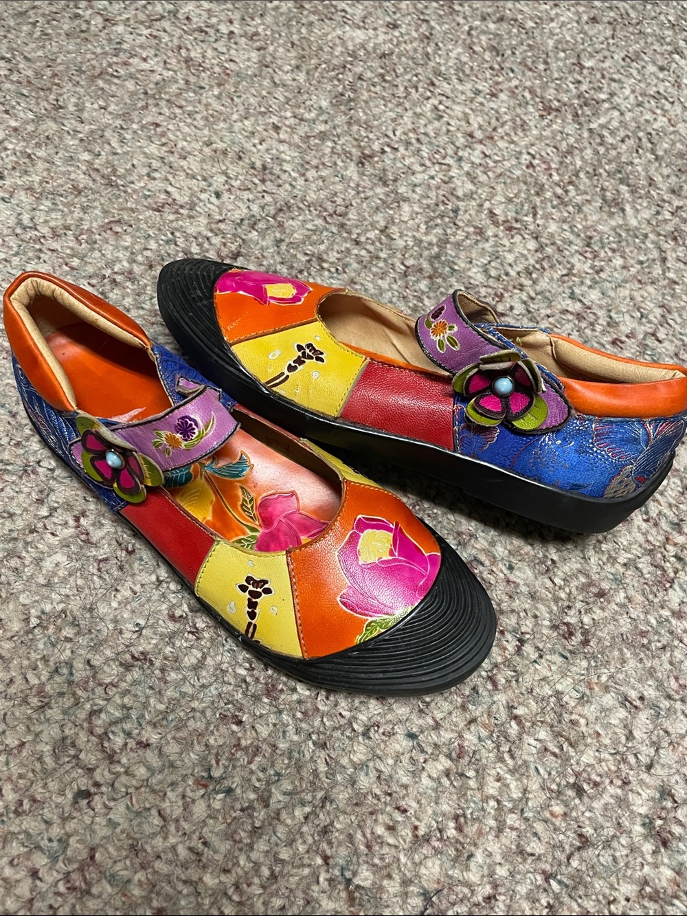 Handmade leather floral painted velcro strap flats